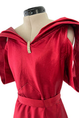 Stunning 1930s Hammered Silk Satin Deep Red Dress w Low Back & Unusual Sleeves