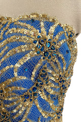 1980s James Galanos Gold Lame Blue Dress w Heavily Sequinned & Jewelled Strapless Bodice