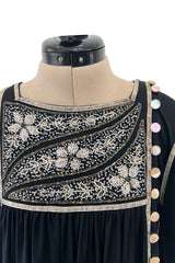 1970s Bill Gibb Museum Held Black Liquid Jersey Dress w MOP Buttons & Extensive Beading