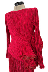 Runway Fall 1988 Mary McFadden Couture Red Pleated Dress w Gold Edged Ruffle Detailing