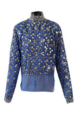 Stunnng 1980s Givenchy Gold Sequin on Blue Silk Chiffon Skirt & Top Dress Set