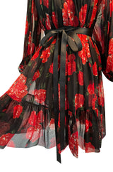 Documented Fall 1994 Yves Saint Laurent Silk Chiffon Off Shoulder Dress w Bold Red Rose Print