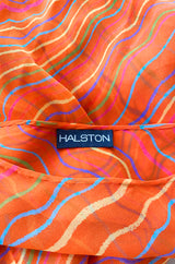Spring 1973 Halston Bright Tangerine Striped Silk Chiffon Caftan w Sash