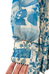 Prettiest 1960s Jean Varon Blue Floral Print Dress w Elaborate Pleating Detail