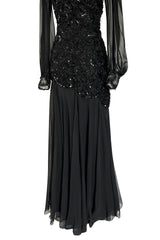 Gorgeous 1980s Loris Azzaro Black Silk Chiffon & Sequin Ribbon Detail Dress