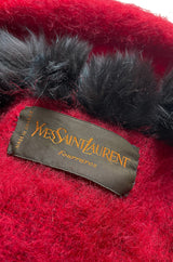 Fabulous 1970s Yves Saint Laurent Red Mohair Cape w Black Fox Fur Trim & Button Detailing