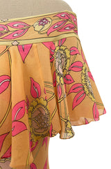 Prettiest 1960s Emilio Pucci Pink & Yellow Print on Peach Silk Chiffon Ruffled Off Shoulder Dress
