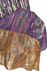 Fabulous 1970s Adolfo Metallic Gold, Green and Purple Silk Skirt, Tassle Belt & Top Set
