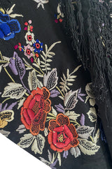 Antique 1920s Embroidered Silk Fringe Curved Cape or Shawl w Tassel Detailing