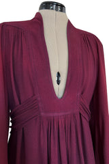 1970 Ossie Clark 'Graduation' Front Plunge Dress in a Burgundy Moss Crepe