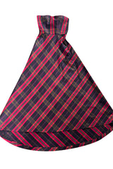Fabulous 1980s Yves Saint Laurent Strapless Deep Red Plaid Silk & Cotton Dress