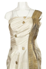 1960s Stavropoulos Gold Embroidered Ivory Silk One Shoulder Dress & Coat