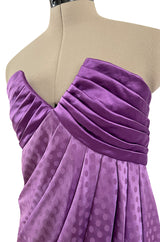Fall 1985 Emanuel Ungaro Runway Structured Bodice Strapless Dress Made from a Dotted Purple Silk