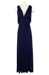 Important 1977 Halston Couture Navy Multi-Way Silk Jersey Plunge Dress w Extra Long Ties