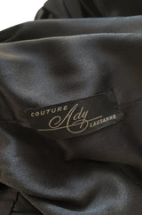 Exceptional Late 1970s Ady Couture Lausanne Black Silk Dress w Dramatic Wide Collar Shoulder Wrap