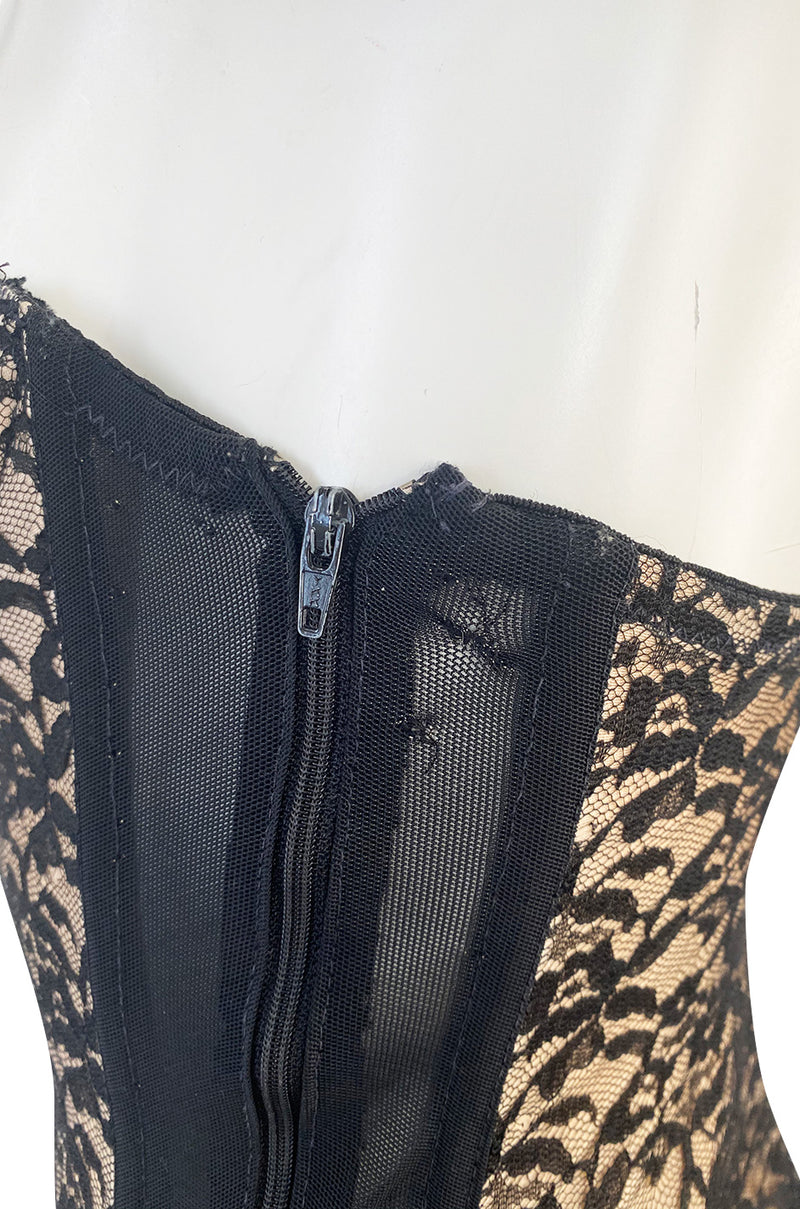 1950s Black Lace Over Nude Stretch Jersey Front Lace Lingerie Under Dress Slip