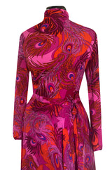 1972 La Mendola Silk Jersey Dress w Skirt Chiffon Skirt in the 'Paridiso' Peacock Feather Print