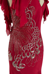 Incredible 2000s John Galliano Deep Red Bias Cut Dress w Silver Bead Detailing