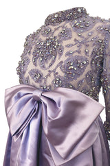 1960s George Halley Couture Lavender Silk Satin Dress w Heavily Detailed Crystal & Rhinestone Bodice