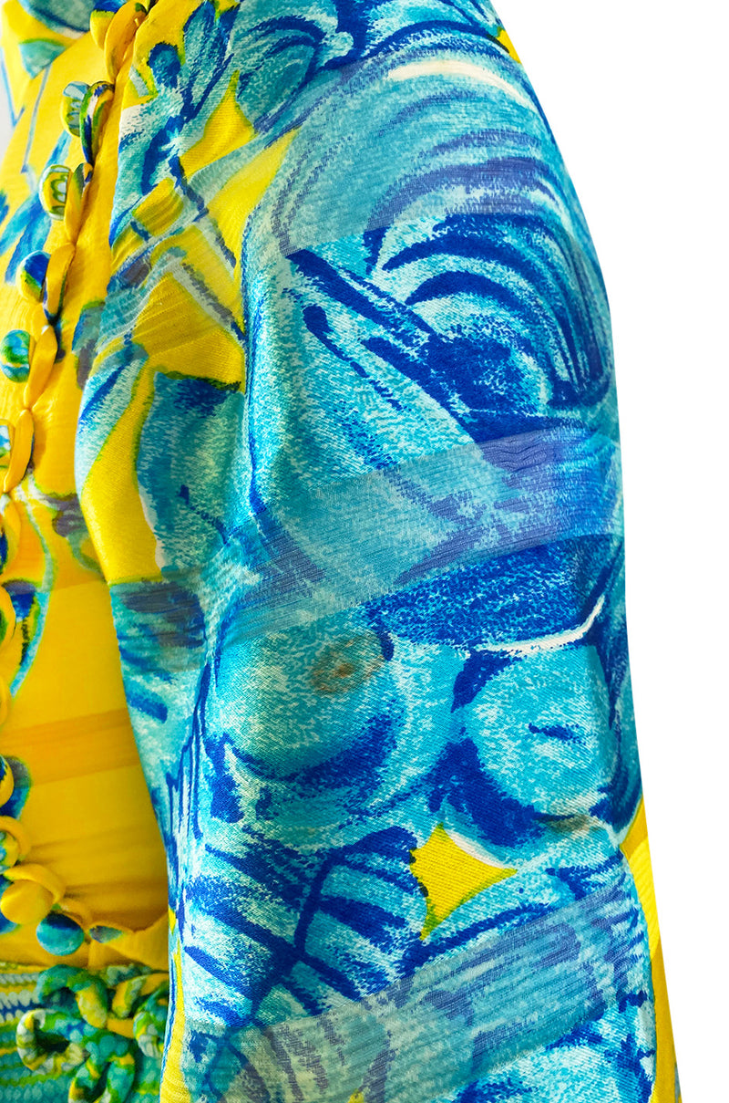 1972 Oscar de la Renta Vogue Documeted Yellow & Blue Silk Kimono Inspired Dress