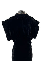Stunning 1930s Black Silk Velvet Bias Cut Dress w Top Stitched Sleeves & Silver Glitter Buttons