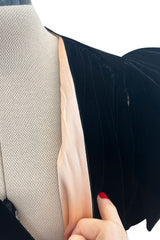 Incredible 1930s Black Silk Velvet Wrap Bias Cut Dress w Elaborate Metal & Bead Belt