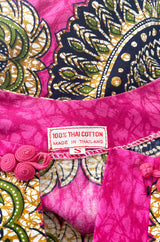 1960s Unlabeled Pink Thai Print Cotton Caftan Dress w Frog Knot Detail