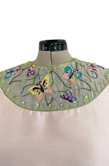 Late 1960s Malcolm Starr Butterfly Embroidered Collar Pale Pink Silk Shift Dress & Jacket Set