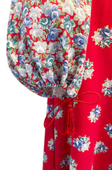 Prettiest 1970s Wallis Off Shoulder Red & Blue Floral Print Dress w Balloon Sleeves