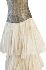 Rare Late 1920s Early 1930s Howard Greer Silver Beaded Halter Dress w Silk Tulle Net Tiered Skirt