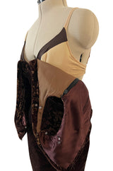 Documented Fall 2004 Richard Tyler Brown Printed Floral Velvet & Beaded Dress w Train & Plunge Back