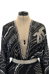 Sexy 1982 Fabrice Simon Black Densely Beaded Silk Chiffon Dress w Plunge Front