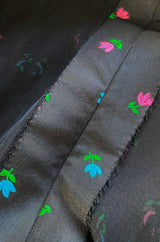 1970s Louis Mies Couture Level Black Silk Taffeta Dress w Embroidered Flowers & Ruffled Detailing