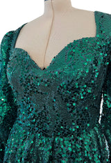 1970s Unlabeled Green Sequin Dress w Dramatic Feather Trimmed Open Extra Long Sleeve