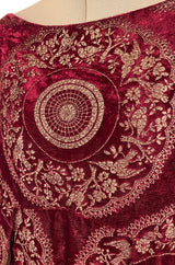 1930s Franco Bertoli Hand Painted Gold Patterned Caftan Dress on A Deep Red Silk Velvet