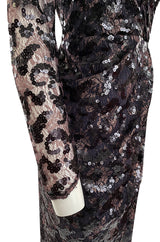 1980s Vicky Tiel Couture Fitted Metallic Net Dress w Extensive Black Sequin Detailing