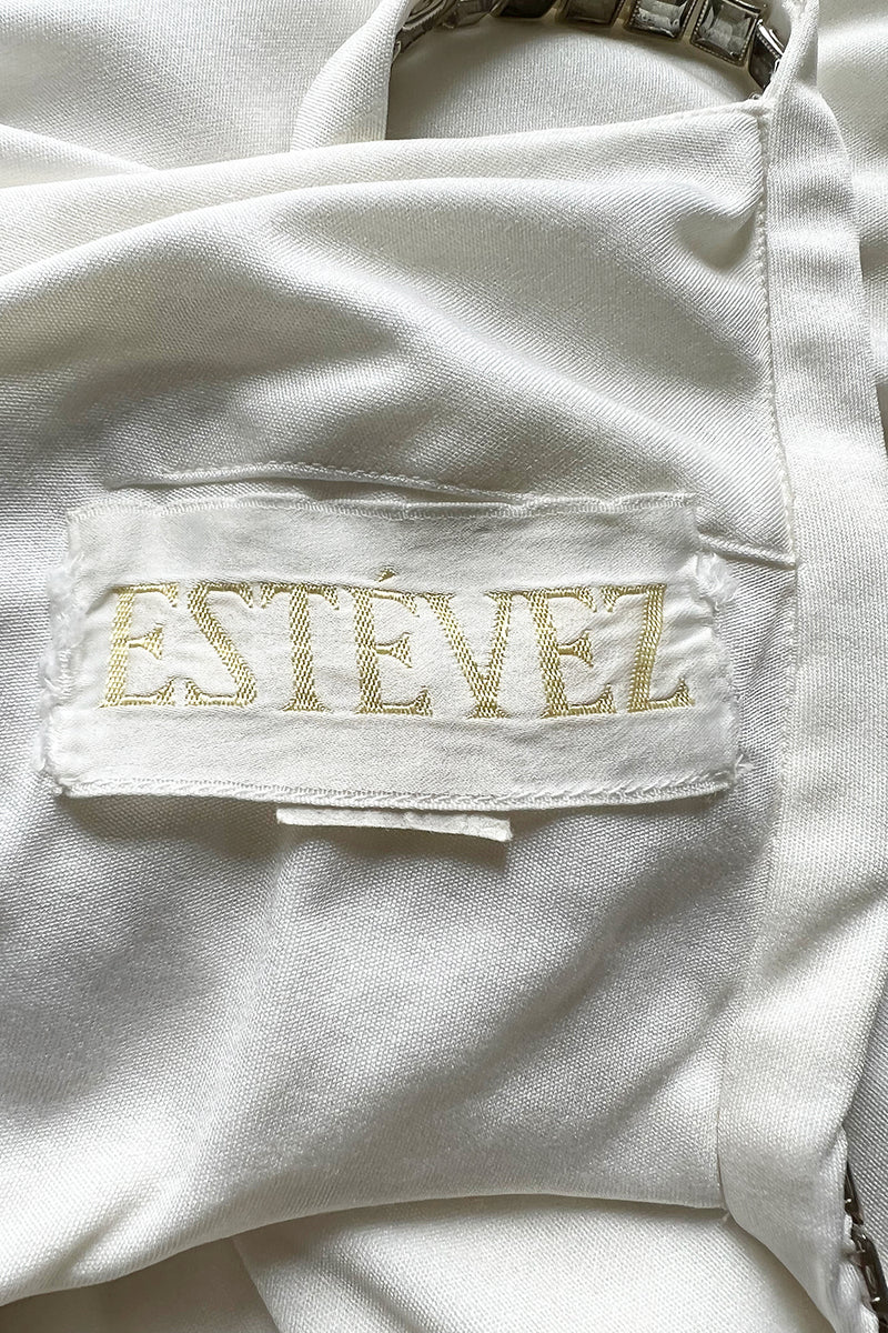 Stellar 1970s Luis Estevez Backless White Jersey Dress w Silver Studded Front