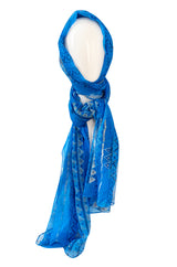 1980s Zandra Rhodes Hand Painted Silver on Blue Silk Caftan Dress w Wrap Belt & Matching Scarf