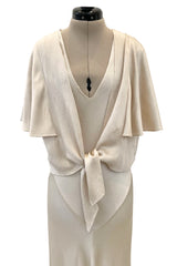 Beautiful 1930s Ivory Hammered Silk Satin Bias Cut Dress w Original Jacket & Belt