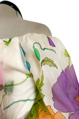 Prettiest 1970s Victoria Royal Off Shoulder Silk Gazaar Floral Print Dress w Ribbon Belt