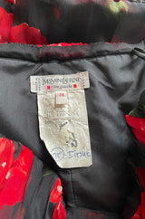 Documented Fall 1994 Yves Saint Laurent Silk Chiffon Off Shoulder Dress w Bold Red Rose Print