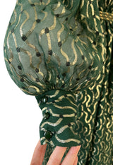 Extraordinary 1970s Christian Dior by Marc Bohan Gold Metallic Green Silk Chiffon Dress w Rope Belt