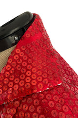 Iconic 1970s Halston Couture Glossy Red Sequin Full Length Wrap Dress w Plunge Front