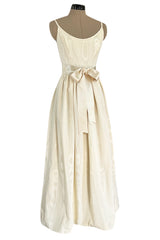 Incredible 1970s Mollie Parnis Ivory Silk Moire Halter Dress w Matching Feather Trim Jacket