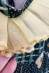 Prettiest 1930s Green Floral Print Bias Cut Silk Crepe w Yellow Collar & Original Belt