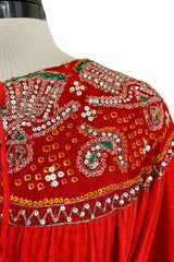 Spectacular 1970s Louis Feraud Haute Couture Orange Red Caftan Sequin Dress