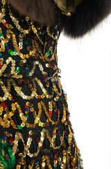 Late 1960s Oscar De La Renta Gold Sequin & Huge Paillettes Detailed Dress w Mink Cuffs