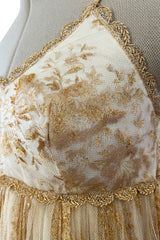 Prettiest 1977 Bill Gibb Couture Embroidered Gold Thread Net Dress w Long Jacket