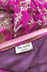 c1969 Thea Porter Couture Gold Brocade & Silver Metal Embroidered Fuchsia Dress