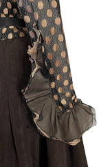 Incredible 1980s Unlabeled Haute Couture Silk Net & Brown Silk Taffeta Plunge Front Dress